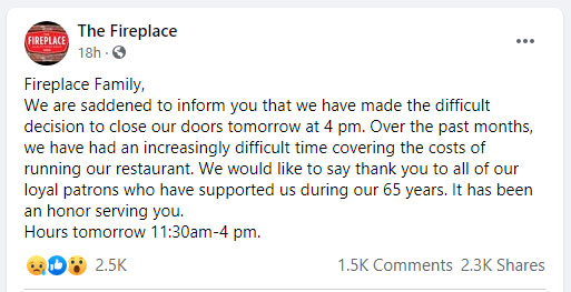 The Fireplace closes Facebook Post