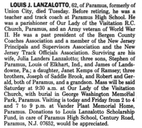 Louis J Lanzalotto, PHS Teacher and Coach obituary