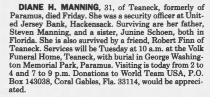 Diane Manning, of Paramus died June 1988