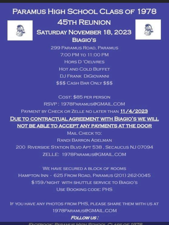 Paramus High School Class of 1978 45th Reunion on Nov 18, 2023 - details